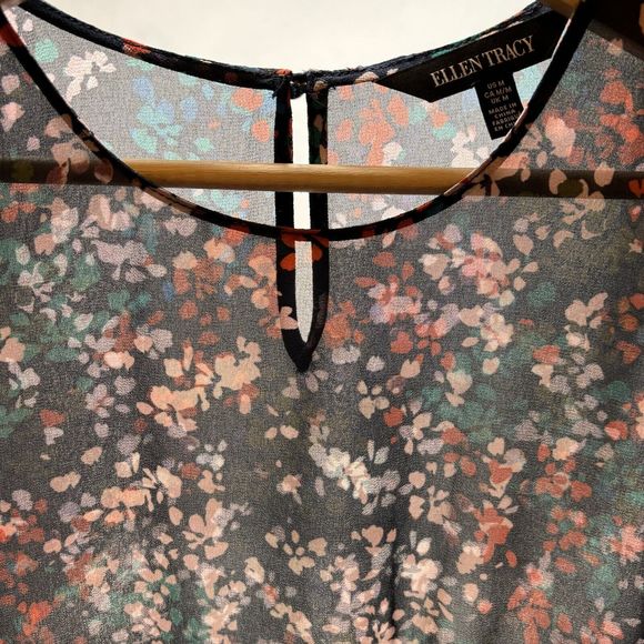 Ellen Tracy Sleeveless Blouse Medium Floral Sheer Pleated Ruffle NEW - Picture 6 of 10